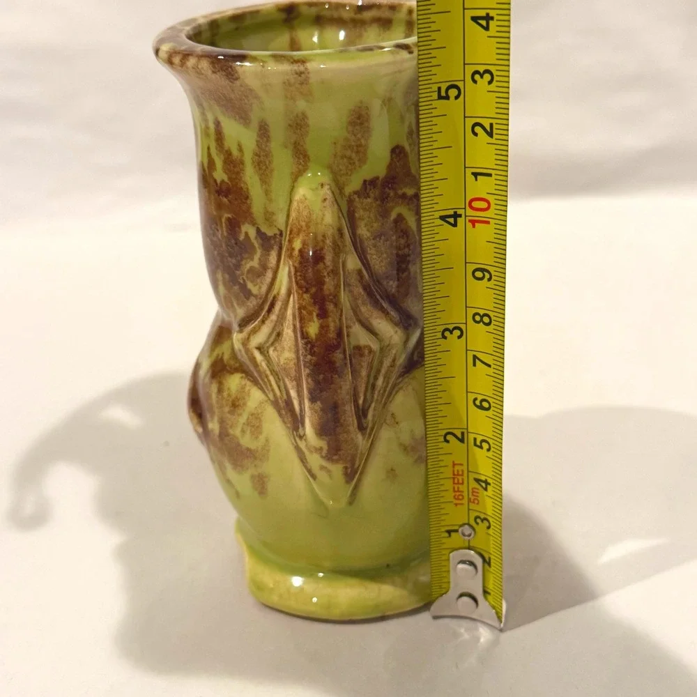 Vintage 1940s USA Art Pottery Vase Green Brown Mottled Drip Glaze Wing‎ Handles